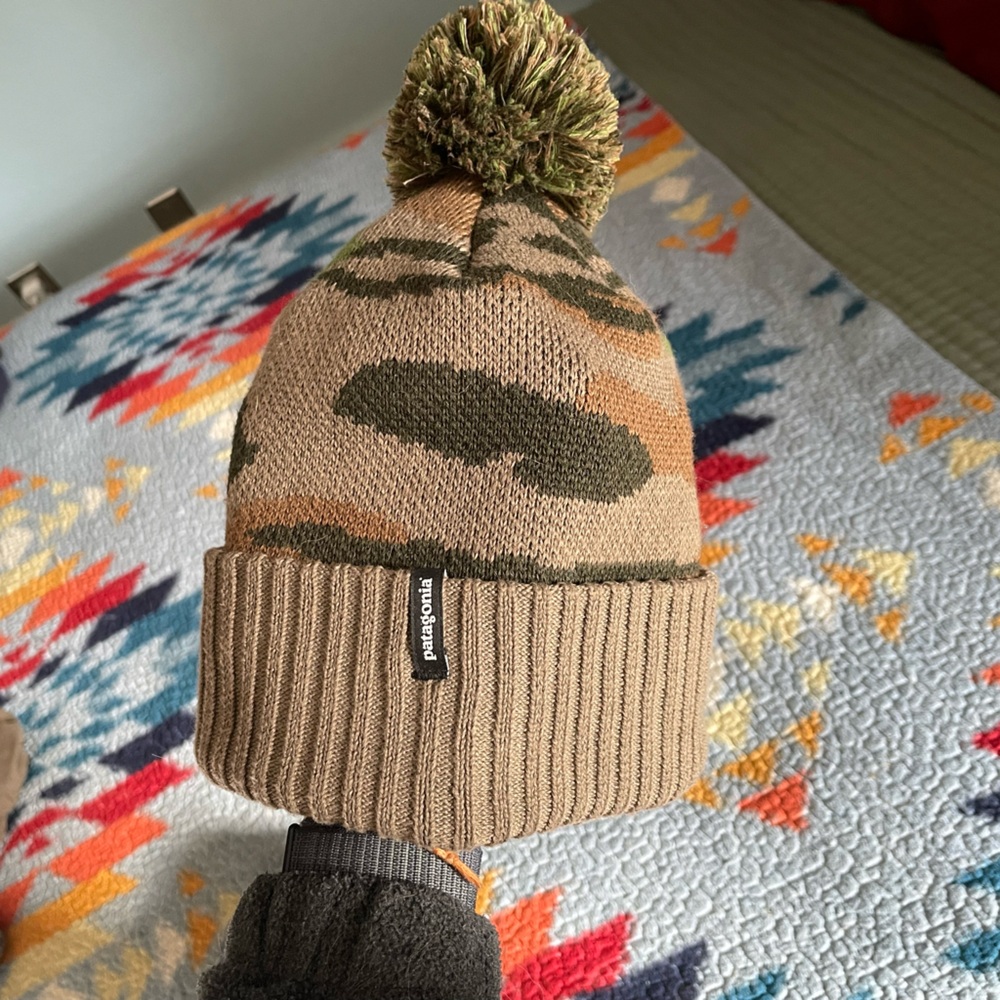 Patagonia Brown and Green Camo Beanie with Pom